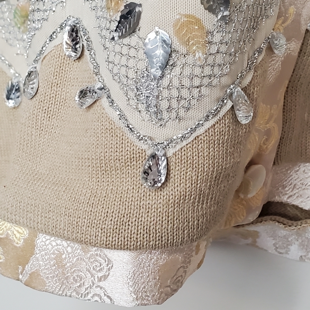 Storybook Knits Stunning Silver Cardigan Sweater, Silver and Gold Leaves Sz LG - Picture 8 of 13